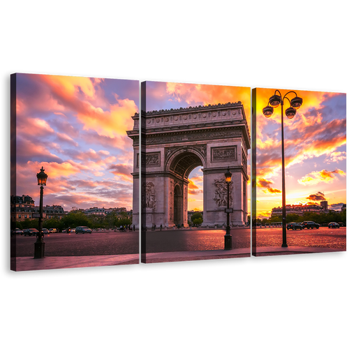 Beautiful Paris Canvas Wall Art, Place de l'Etoile Paris Multi Canvas, Yellow Purple Sunset Sky Canvas Set, Arc de Triomphe 3 Piece Canvas Print