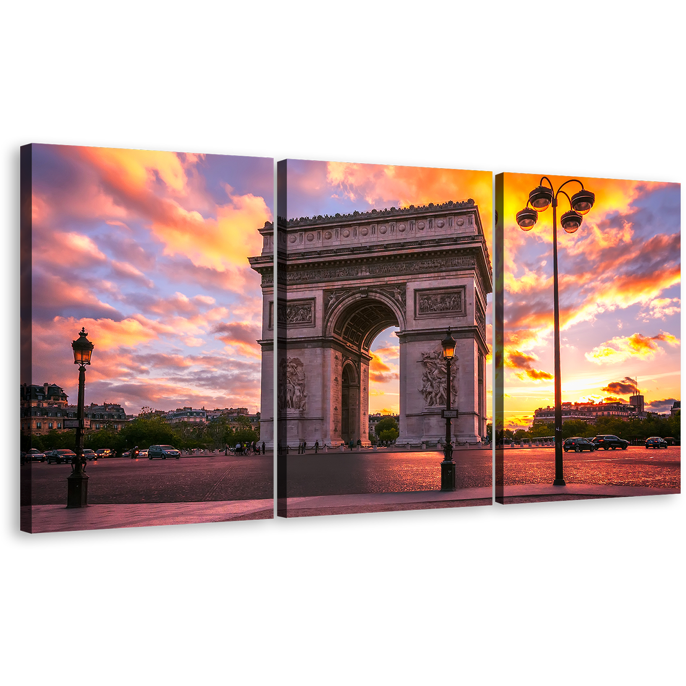 Beautiful Paris Canvas Wall Art, Place de l'Etoile Paris Multi Canvas, Yellow Purple Sunset Sky Canvas Set, Arc de Triomphe 3 Piece Canvas Print