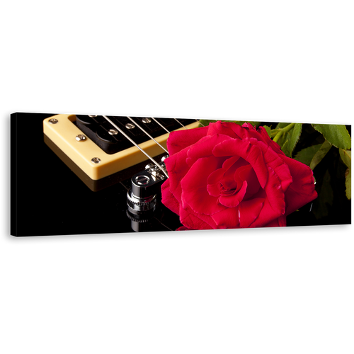 Beautiful Roses Canvas Print, Music Instruments and Red Rose 1 Piece Canvas Wall Art, Black Guitar Floral Canvas Artwork