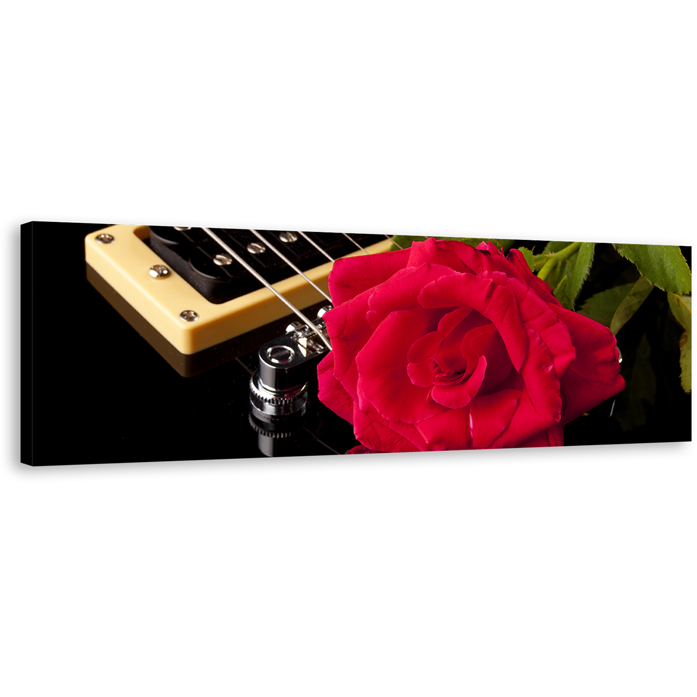 Beautiful Roses Canvas Print, Music Instruments and Red Rose 1 Piece Canvas Wall Art, Black Guitar Floral Canvas Artwork