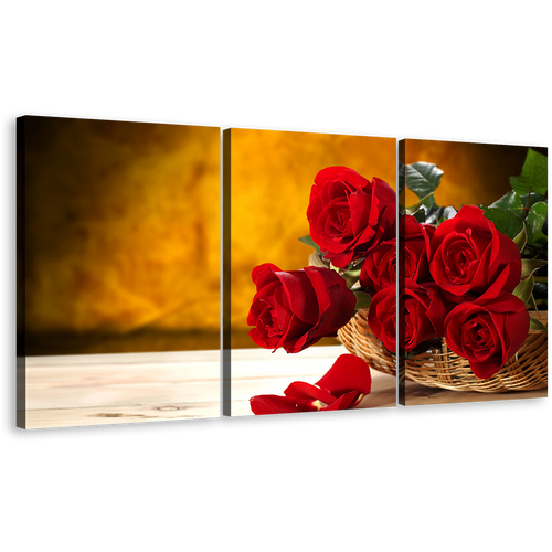 Beautiful Roses Canvas Print, Rosses Brown Wall Background Canvas Set, Fresh Red Flower 3 Piece Wall Art