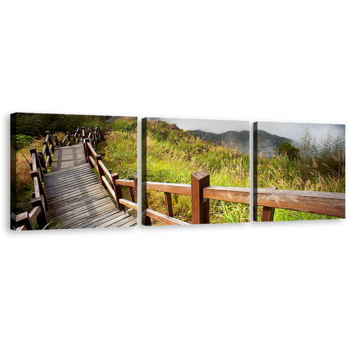 Beautiful Scenery Canvas Print, Grey Mountain Sky Multi Canvas, Green Grass Nature Wooden Bridge 3 Piece Wall Art