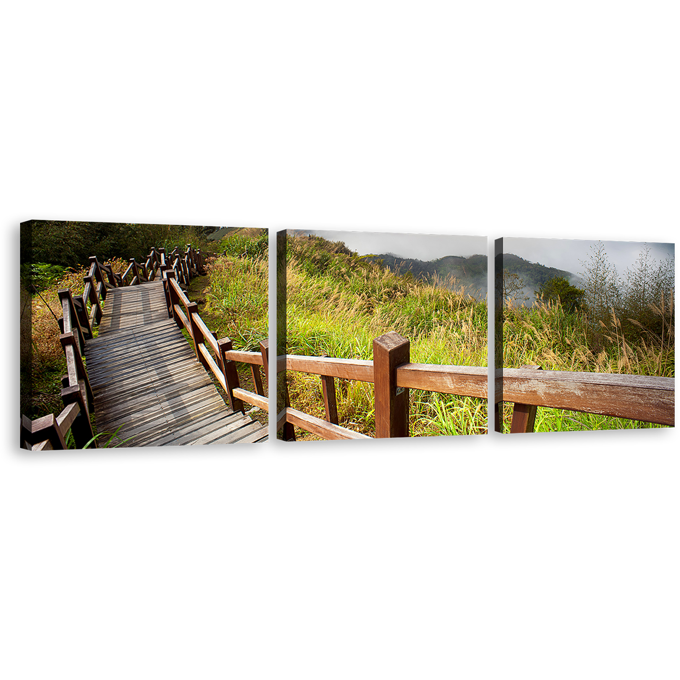 Beautiful Scenery Canvas Print, Grey Mountain Sky Multi Canvas, Green Grass Nature Wooden Bridge 3 Piece Wall Art