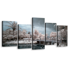 Load image into Gallery viewer, Beautiful Scenery Canvas Print, Thailand Grey Cloudy Sky Temple Water Bridge 5 Piece Wall Art, Wat Chalerm White Trees Multiple Canvas
