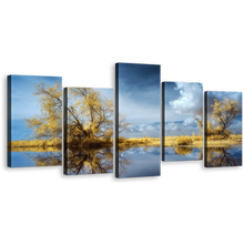 Load image into Gallery viewer, Beautiful Scenery Canvas Wall Art, Cloudy Blue Sky Scenery Canvas Print, Green Trees lake Reflection Scenery 5 Piece Multiple Canvas
