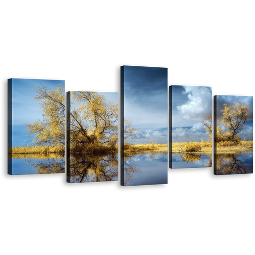 Beautiful Scenery Canvas Wall Art, Cloudy Blue Sky Scenery Canvas Print, Green Trees lake Reflection Scenery 5 Piece Multiple Canvas