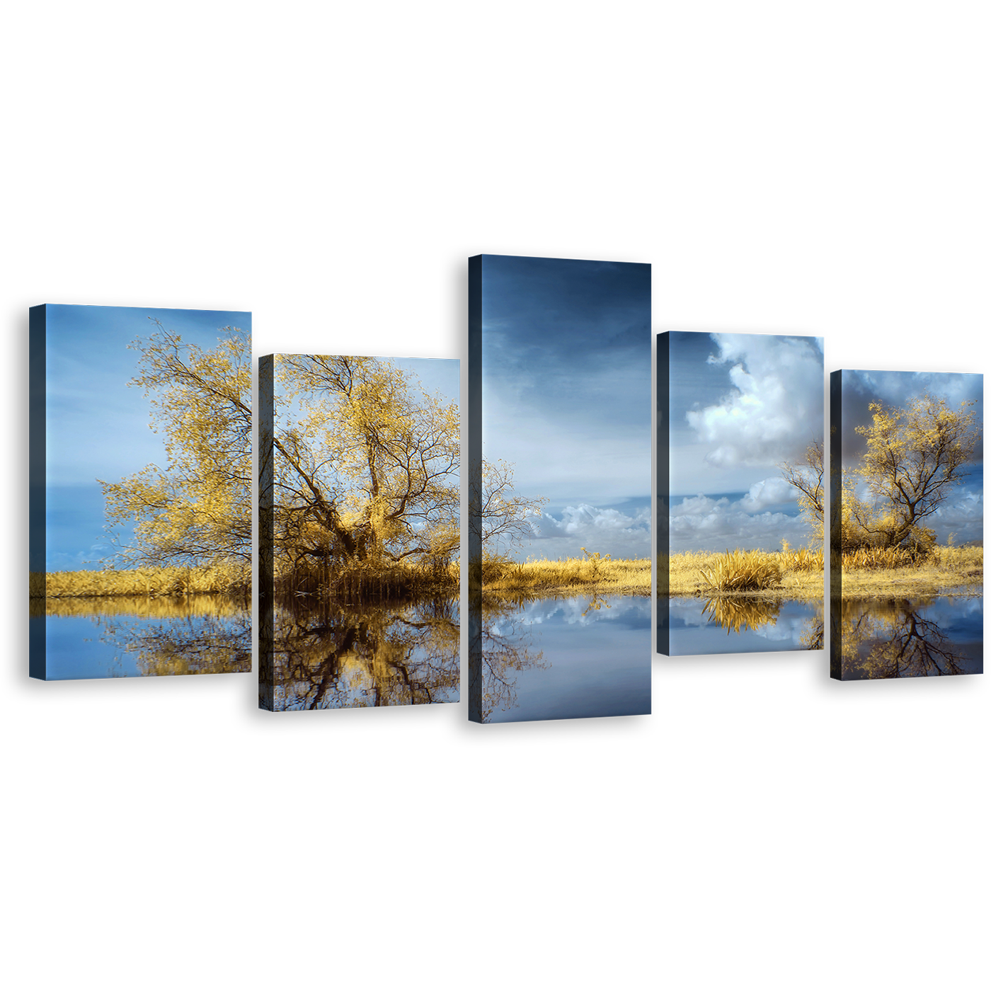 Beautiful Scenery Canvas Wall Art, Cloudy Blue Sky Scenery Canvas Print, Green Trees lake Reflection Scenery 5 Piece Multiple Canvas