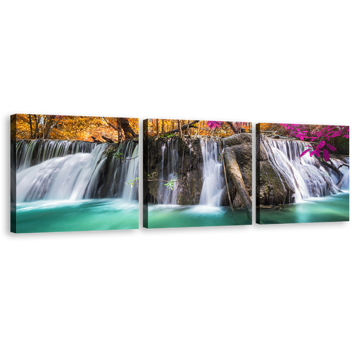 Beautiful Scenery Canvas Wall Art, Majestic Waterfall 3 Piece Canvas Print, Colorful Scenic Autumn Forest Waterfall Multi Canvas