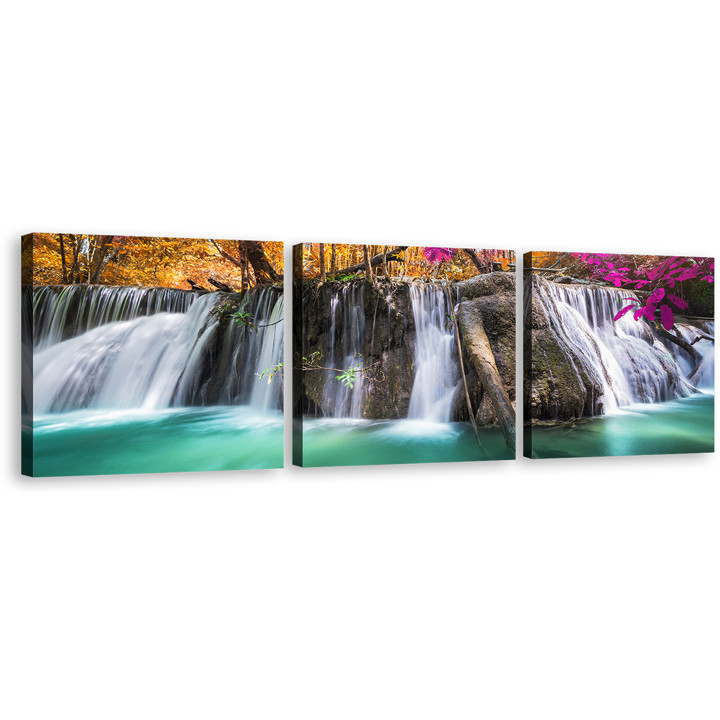 Beautiful Scenery Canvas Wall Art, Majestic Waterfall 3 Piece Canvas Print, Colorful Scenic Autumn Forest Waterfall Multi Canvas