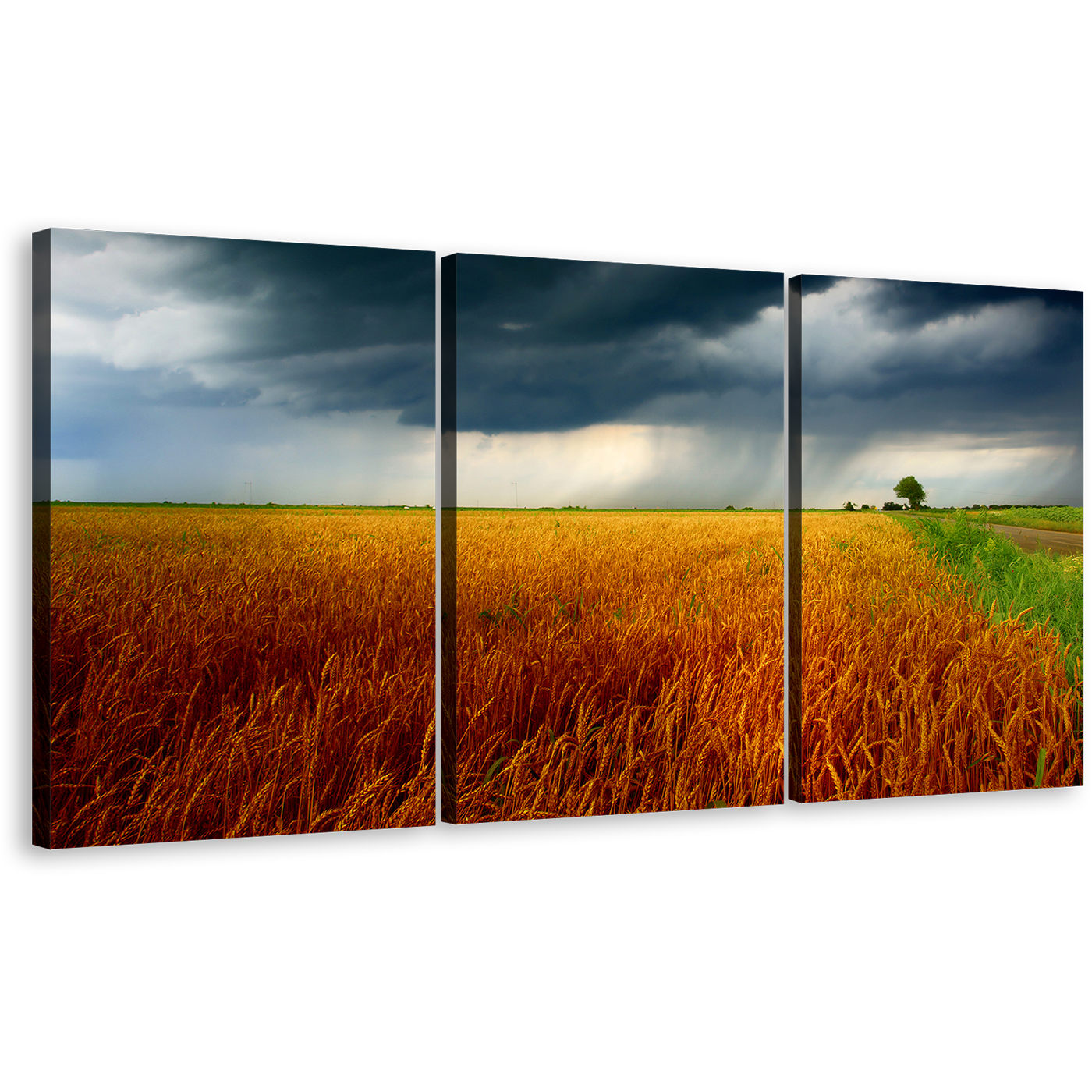 Beautiful Scenery Canvas Wall Art, Orange Green Grain Fields 3 Piece Canvas Print, Grey Storm Clouds Multi Canvas