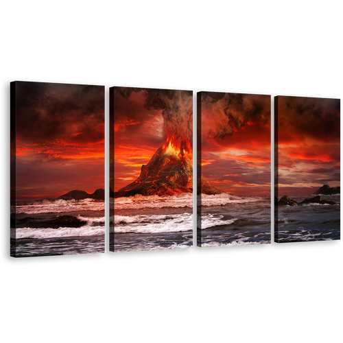 Beautiful Scenery Canvas Wall Art, Red Cloudy Sky 4 Piece Canvas Print, Orange Lava Volcano Eruption Multi Canvas