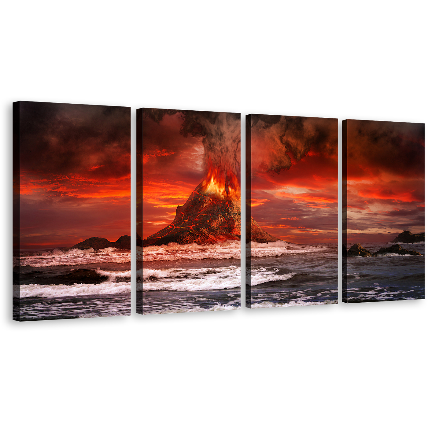 Beautiful Scenery Canvas Wall Art, Red Cloudy Sky 4 Piece Canvas Print, Orange Lava Volcano Eruption Multi Canvas