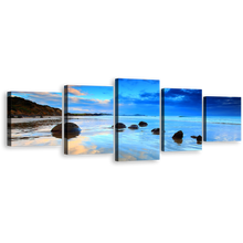 Load image into Gallery viewer, Beautiful Sea Canvas Print, Blue Ocean Rocks 5 Piece Wall Art, New Zealand Brown Moeraki Boulders Multiple Canvas
