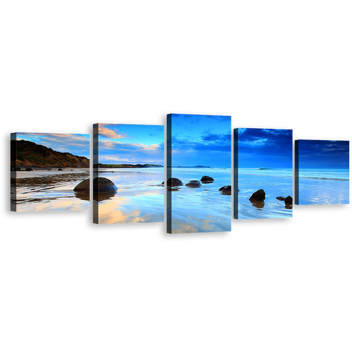 Beautiful Sea Canvas Print, Blue Ocean Rocks 5 Piece Wall Art, New Zealand Brown Moeraki Boulders Multiple Canvas