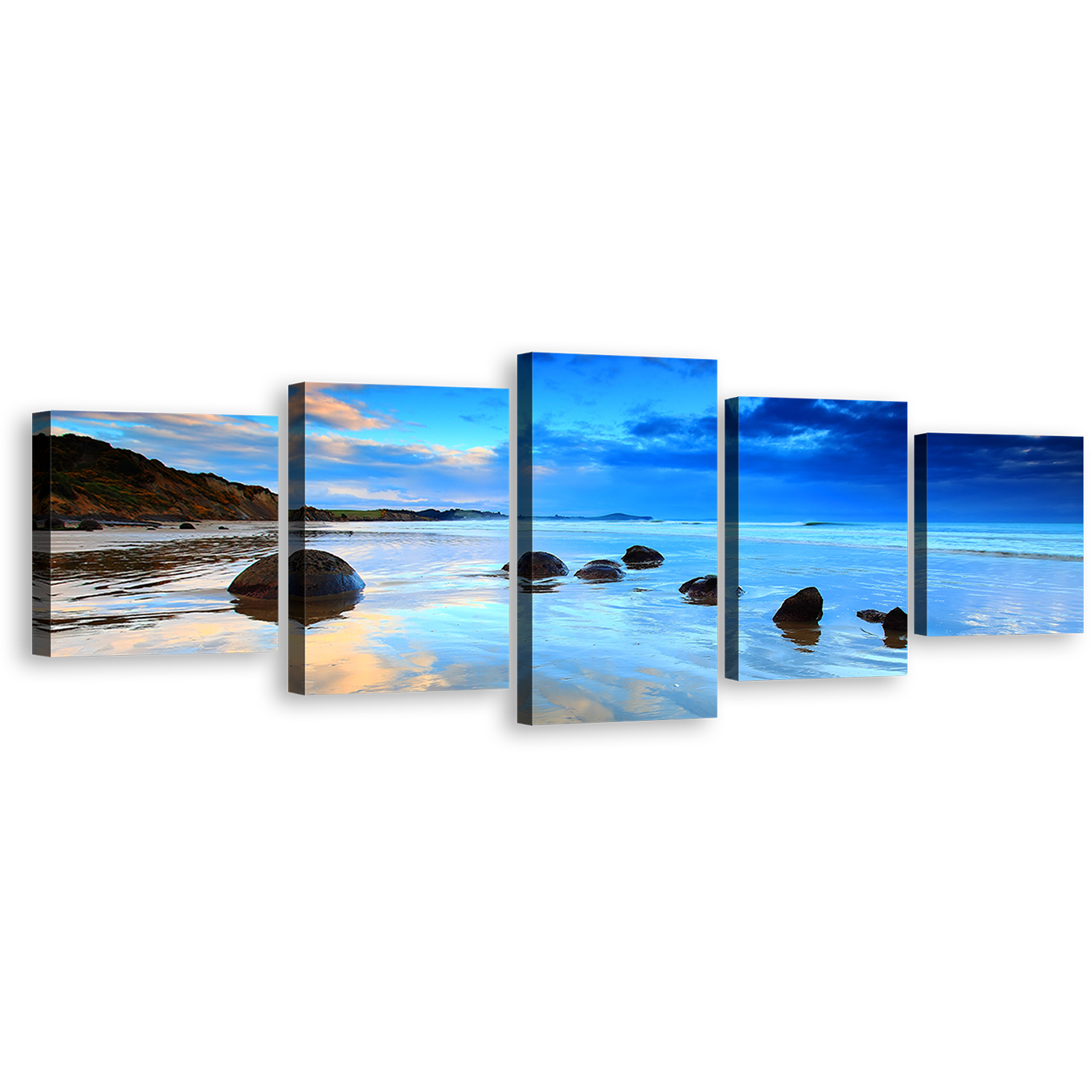 Beautiful Sea Canvas Print, Blue Ocean Rocks 5 Piece Wall Art, New Zealand Brown Moeraki Boulders Multiple Canvas