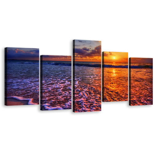 Beautiful Sea Canvas Print, Blue Ocean Waves 5 Piece Canvas Wall Art, Orange Sunset Sky Ocean Multi Canvas Artwork