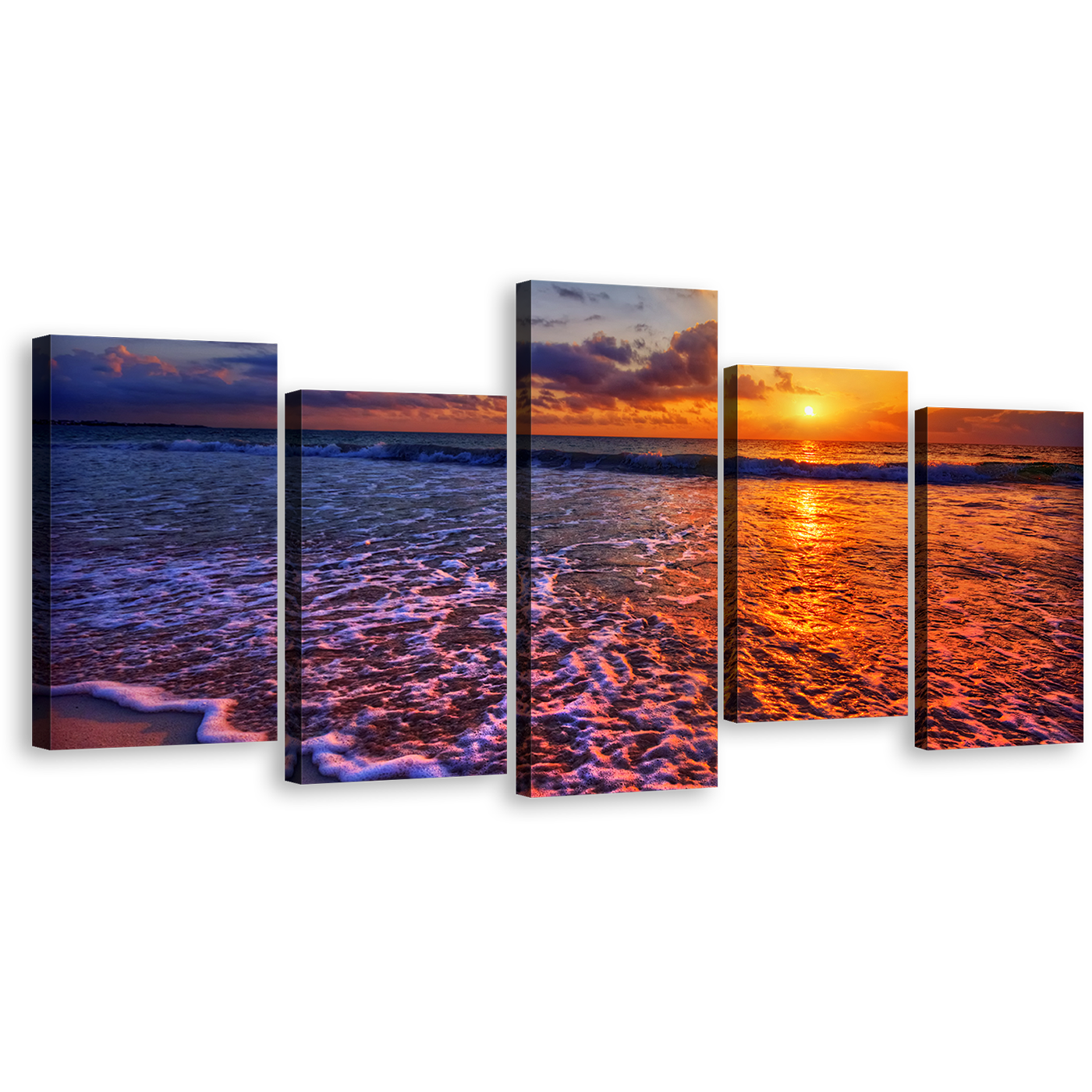 Beautiful Sea Canvas Print, Blue Ocean Waves 5 Piece Canvas Wall Art, Orange Sunset Sky Ocean Multi Canvas Artwork