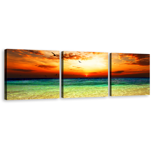 Beautiful Sea Canvas Wall Art, Green Seascape Canvas Print, Orange Sunset Ocean Sky 3 Piece Canvas