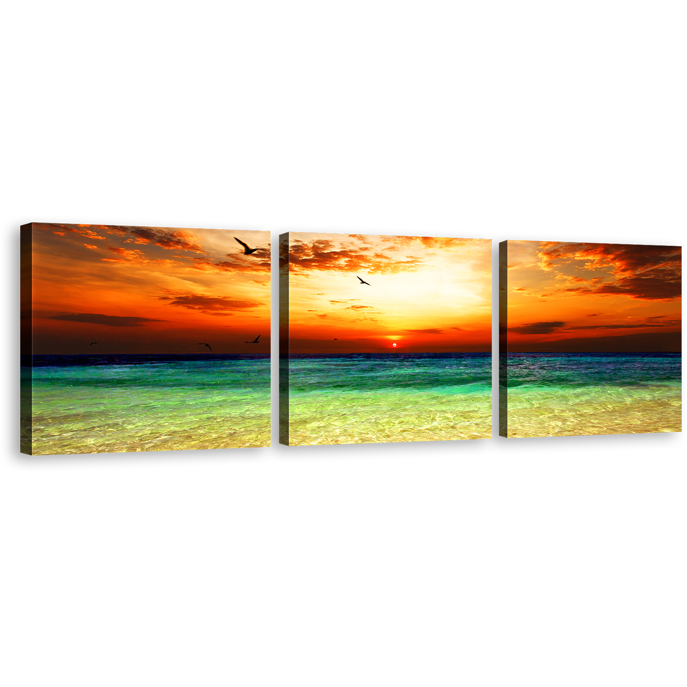 Beautiful Sea Canvas Wall Art, Green Seascape Canvas Print, Orange Sunset Ocean Sky 3 Piece Canvas