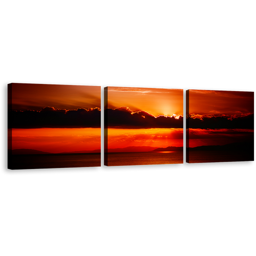 Beautiful Sea Canvas Wall Art, Orange Sunset Behind Clouds Triptych Canvas Print, Red Ocean Sky 3 Piece Canvas Set