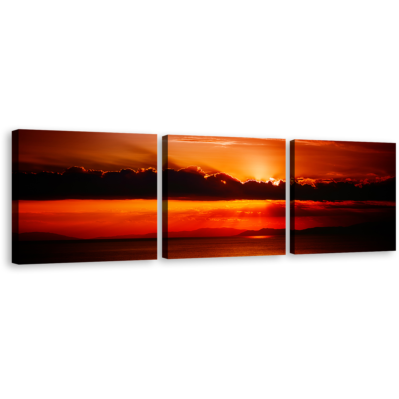 Beautiful Sea Canvas Wall Art, Orange Sunset Behind Clouds Triptych Canvas Print, Red Ocean Sky 3 Piece Canvas Set