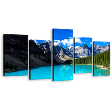 Load image into Gallery viewer, Beautiful Sea Wall Art, Blue Moraine Lake Sky 5 Piece Multiple Canvas, Banff National Park Green Trees Canvas Print
