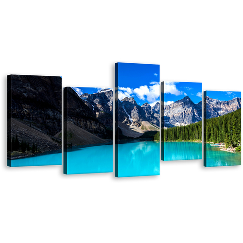 Beautiful Sea Wall Art, Blue Moraine Lake Sky 5 Piece Multiple Canvas, Banff National Park Green Trees Canvas Print