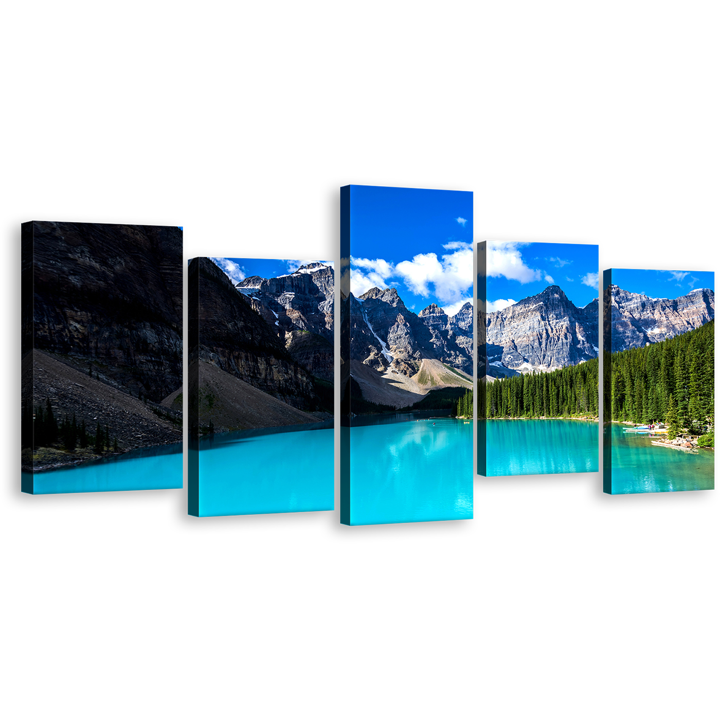 Beautiful Sea Wall Art, Blue Moraine Lake Sky 5 Piece Multiple Canvas, Banff National Park Green Trees Canvas Print