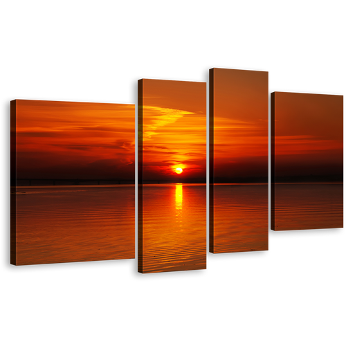 Beautiful Sea Wall Art, Red Sunset Ocean Sky 4 Piece Multi Canvas, Cloudy Orange Seascape Canvas Print