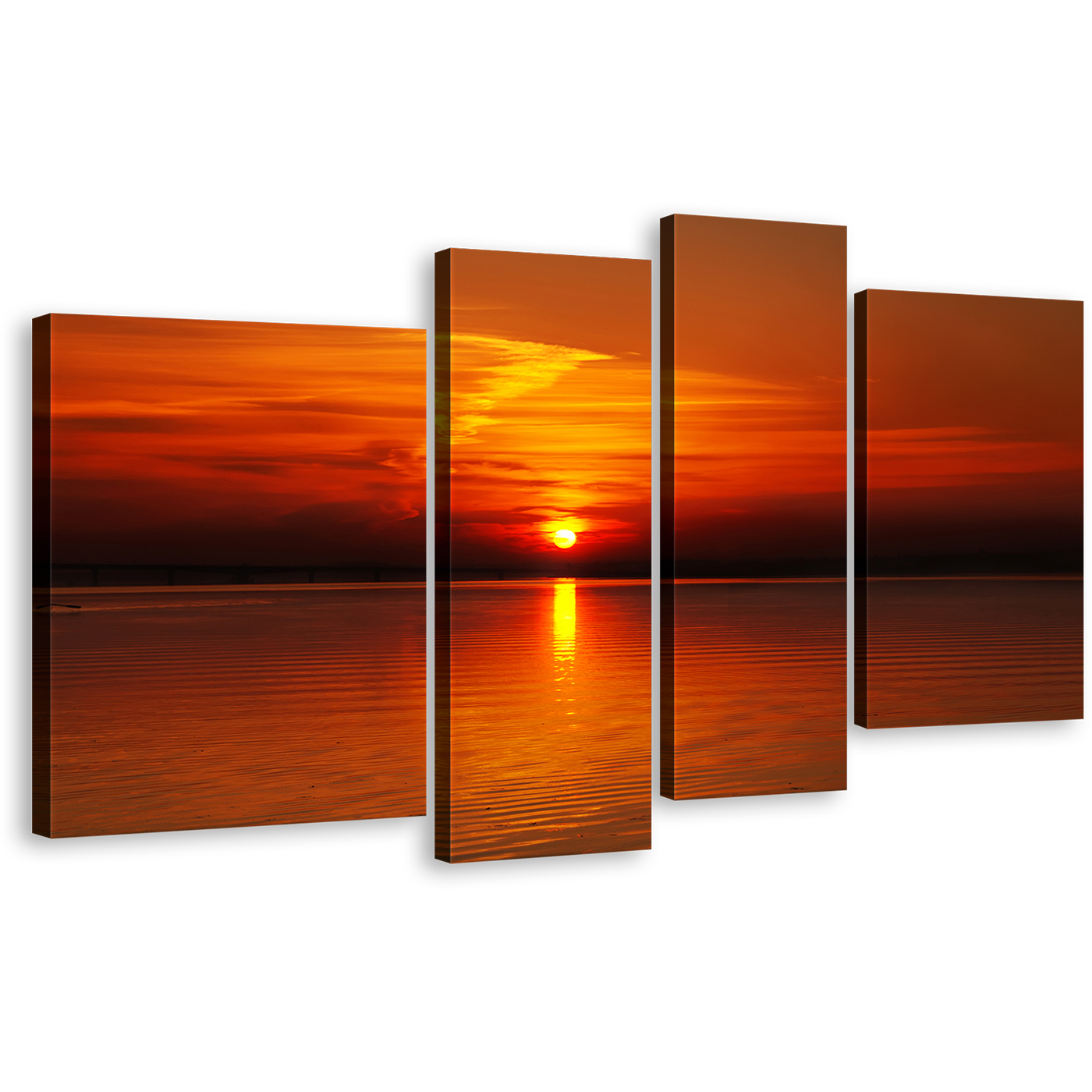 Beautiful Sea Wall Art, Red Sunset Ocean Sky 4 Piece Multi Canvas, Cloudy Orange Seascape Canvas Print