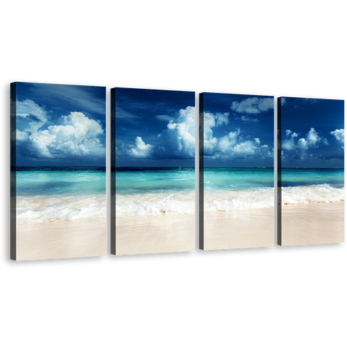 Beautiful Sea Wall Art, White Sand Caribbean Sea 4 Piece Multi Canvas, Blue Ocean Sky Clouds Beach Canvas Print