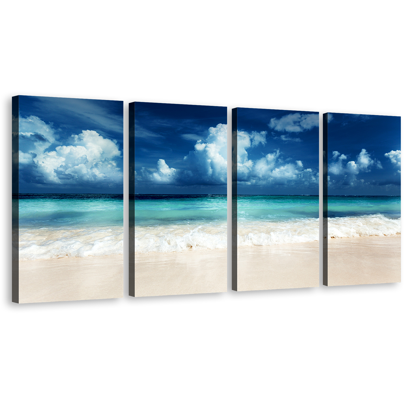 Beautiful Sea Wall Art, White Sand Caribbean Sea 4 Piece Multi Canvas, Blue Ocean Sky Clouds Beach Canvas Print