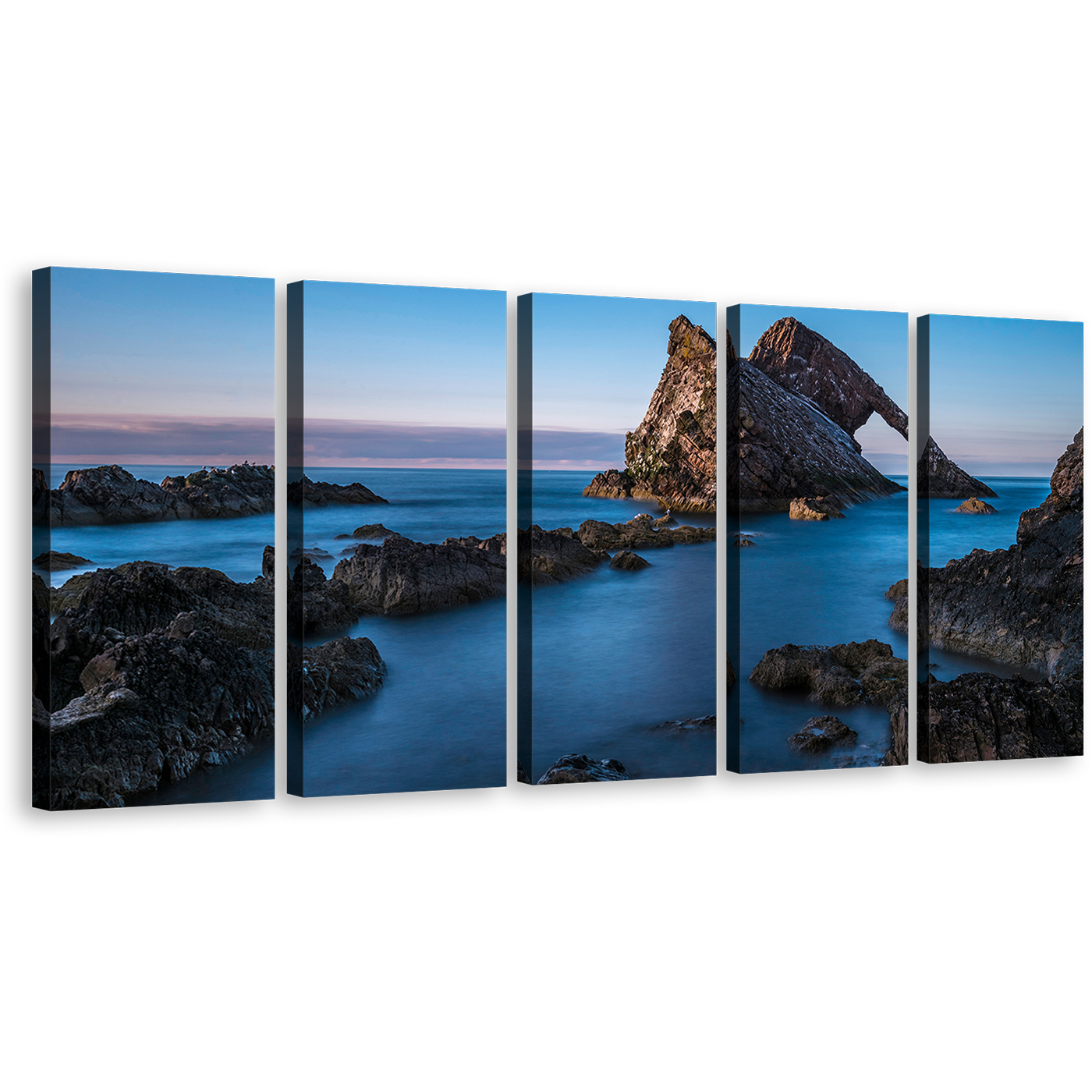 Beautiful Seascape Canvas Wall Art, Blue Sky Ocean Rocks 5 Piece Canvas Print, Brown Bow Fiddle Multi Canvas Artwork