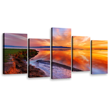 Load image into Gallery viewer, Beautiful Seascape Wall Art, Yellow Sky Beach 5 Piece Canvas Print, Orange Ocean Beach Reflection Multi Canvas
