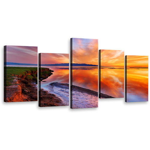 Beautiful Seascape Wall Art, Yellow Sky Beach 5 Piece Canvas Print, Orange Ocean Beach Reflection Multi Canvas