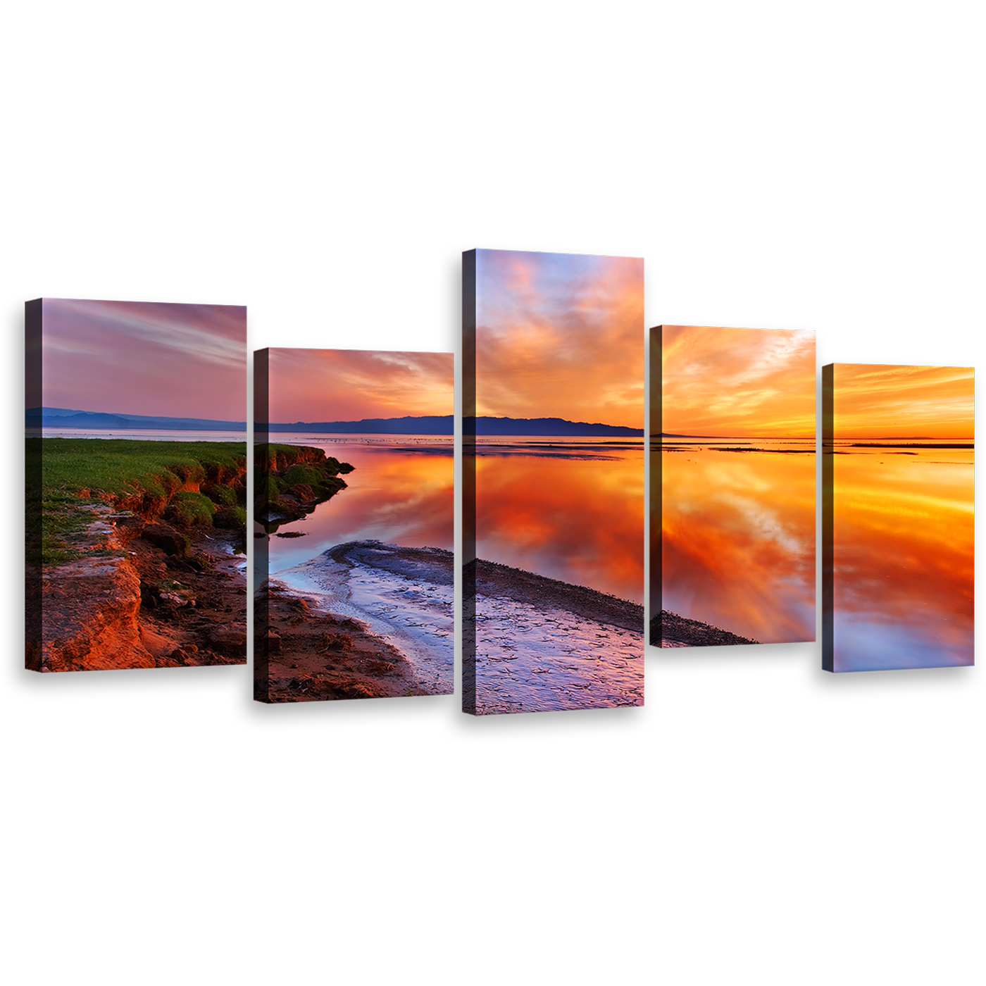 Beautiful Seascape Wall Art, Yellow Sky Beach 5 Piece Canvas Print, Orange Ocean Beach Reflection Multi Canvas