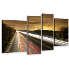 Load image into Gallery viewer, Beautiful Sky Canvas Wall Art, Motorway Bridge 4 Piece Multi Canvas Artwork, Yellow Light Trail Canvas Print, White Highway Traffic Canvas Set
