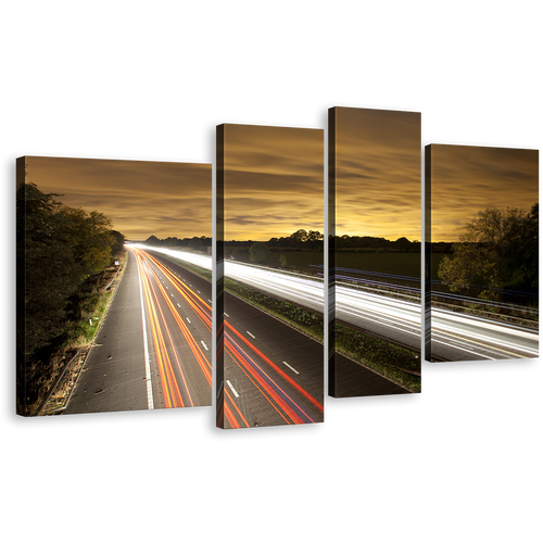 Beautiful Sky Canvas Wall Art, Motorway Bridge 4 Piece Multi Canvas Artwork, Yellow Light Trail Canvas Print, White Highway Traffic Canvas Set