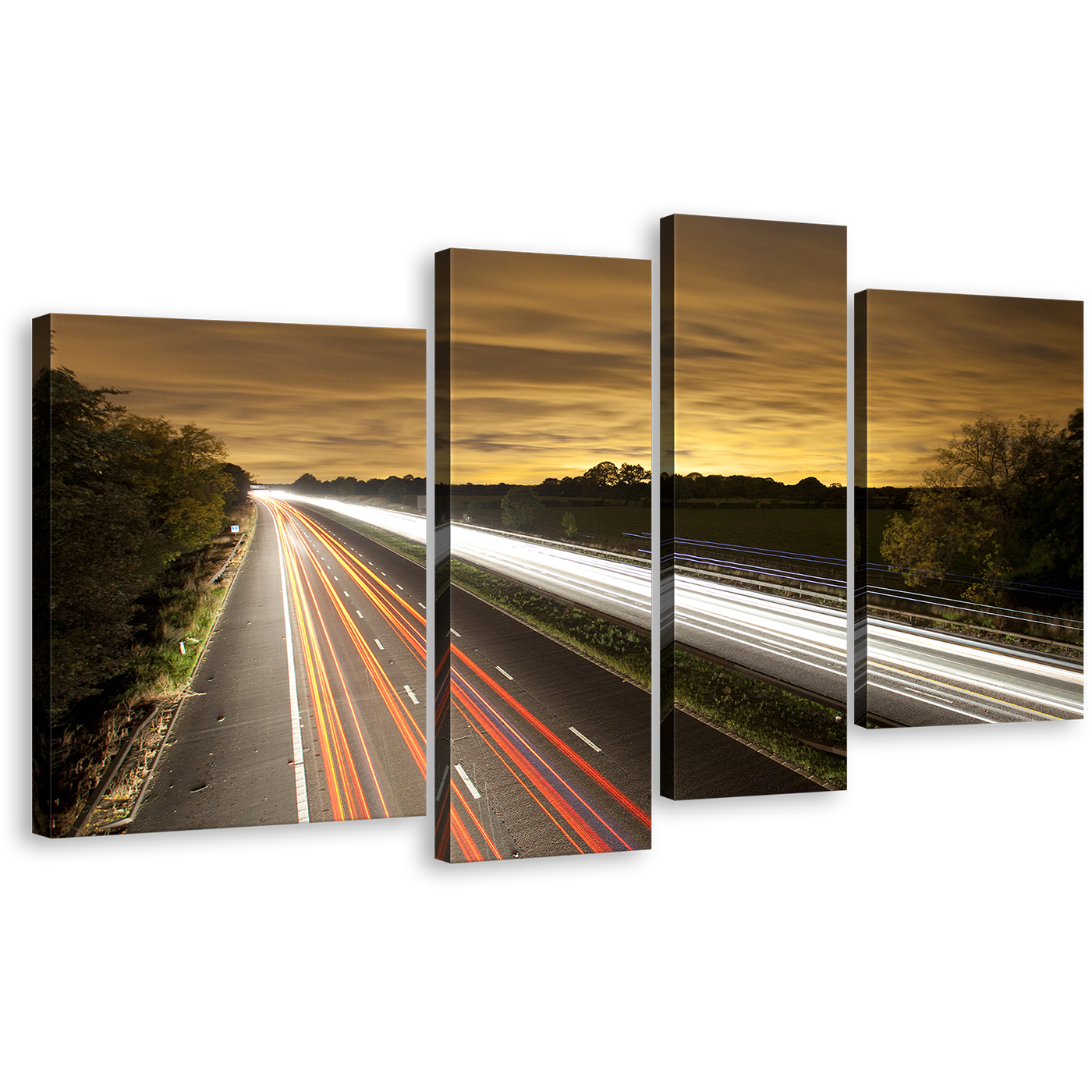 Beautiful Sky Canvas Wall Art, Motorway Bridge 4 Piece Multi Canvas Artwork, Yellow Light Trail Canvas Print, White Highway Traffic Canvas Set