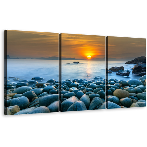 Beautiful Sunrise Canvas Print, Vietnam Orange Ocean Sky 3 Piece Canvas Wall Art, Quy Nhon Bay Stony Beach Canvas Set, Blue Ocean Rocks Multi Canvas