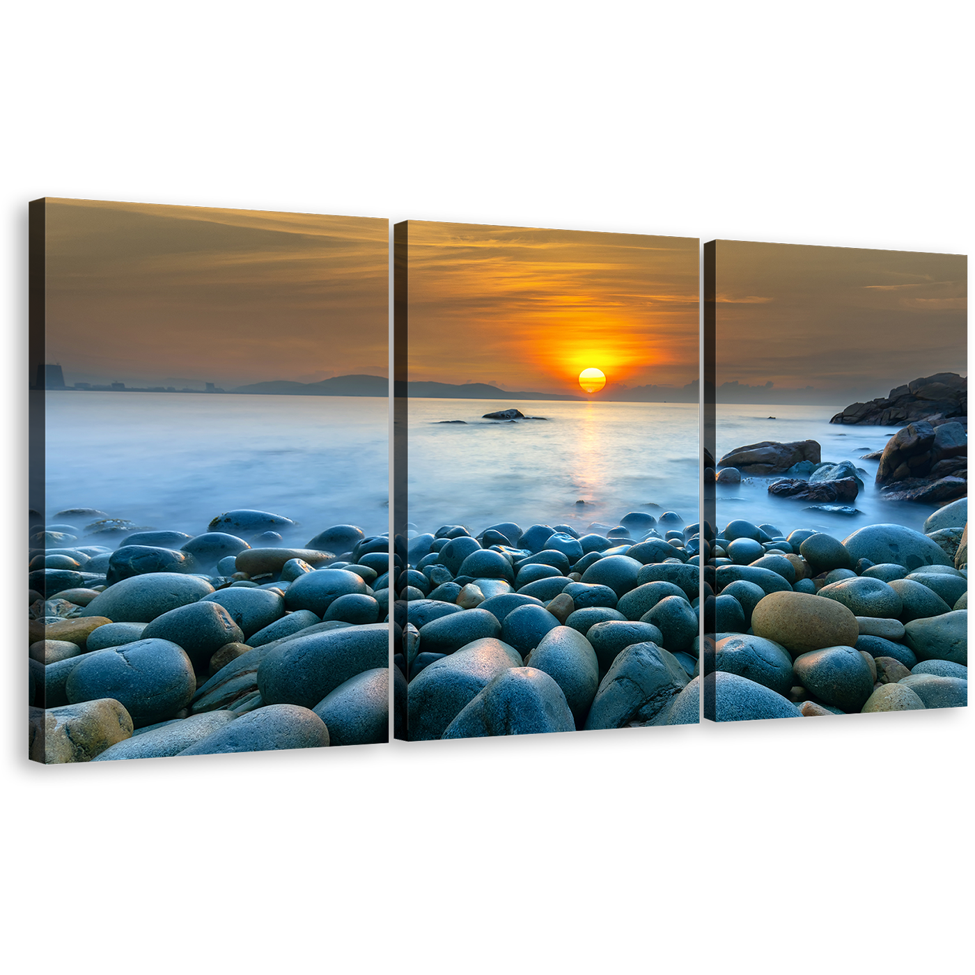 Beautiful Sunrise Canvas Print, Vietnam Orange Ocean Sky 3 Piece Canvas Wall Art, Quy Nhon Bay Stony Beach Canvas Set, Blue Ocean Rocks Multi Canvas