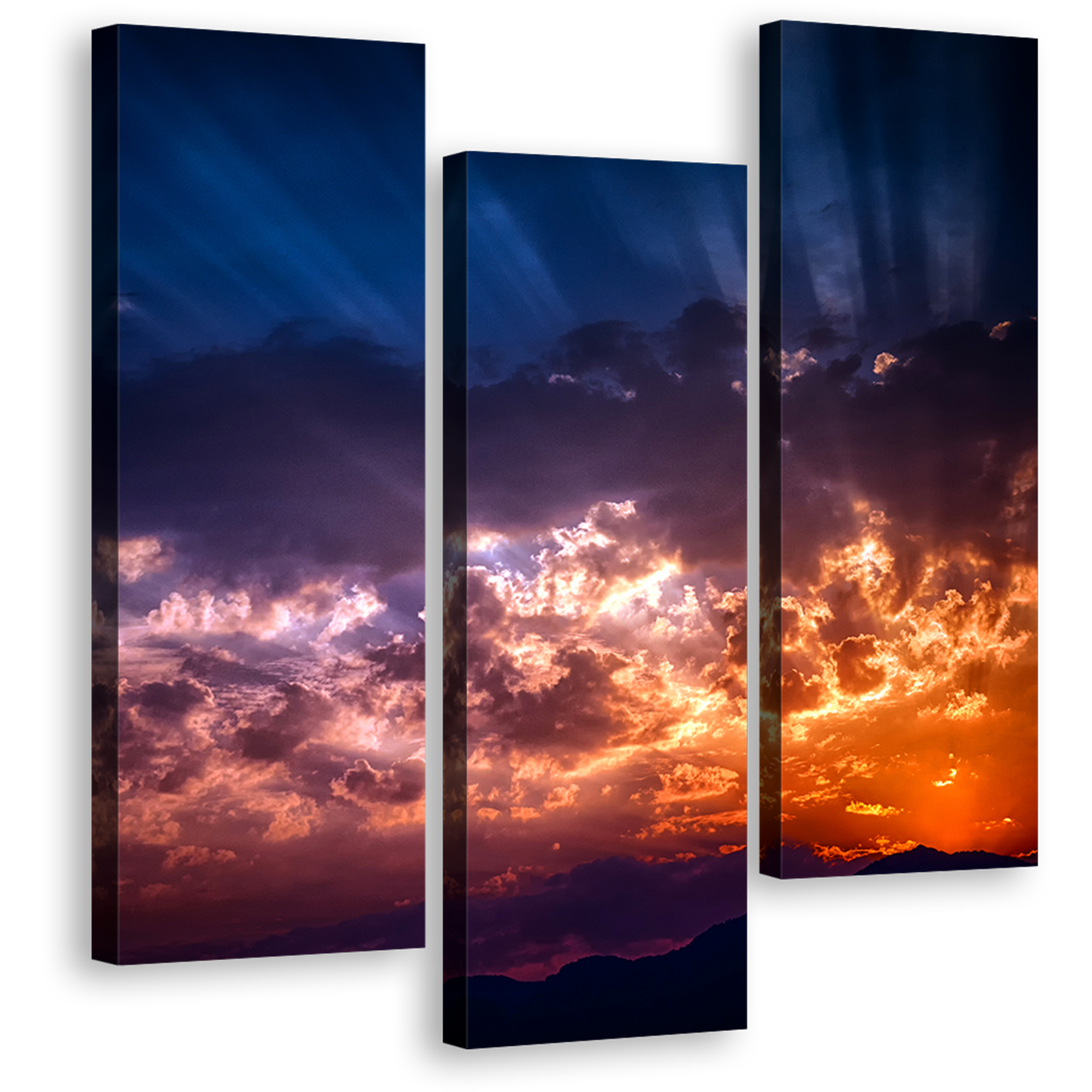 Beautiful Sunset Canvas Wall Art, Cloudy Abstract 3 Piece Canvas Print, Blue Orange Sunbeams Abstract Canvas Set