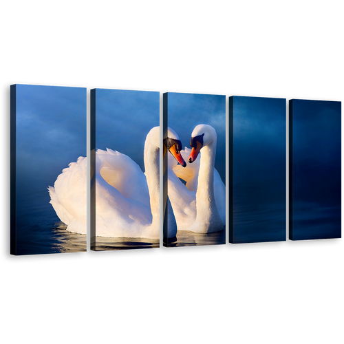 Beautiful Swans Canvas Wall Art, White Romantic Birds Canvas Print, Blue Background Calm Water 5 Piece Canvas Set