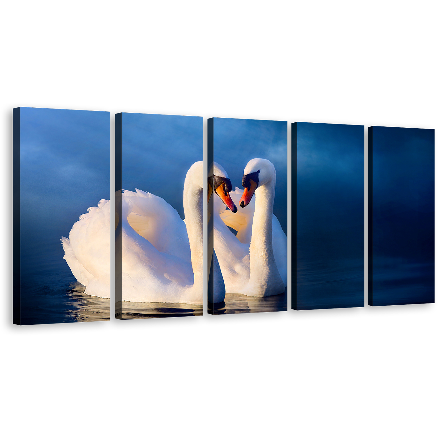 Beautiful Swans Canvas Wall Art, White Romantic Birds Canvas Print, Blue Background Calm Water 5 Piece Canvas Set