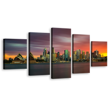 Load image into Gallery viewer, Beautiful Sydney Wall Art, Orange Sunset City Skyline 5 Piece Canvas, Australia Green Opera House Canvas Print
