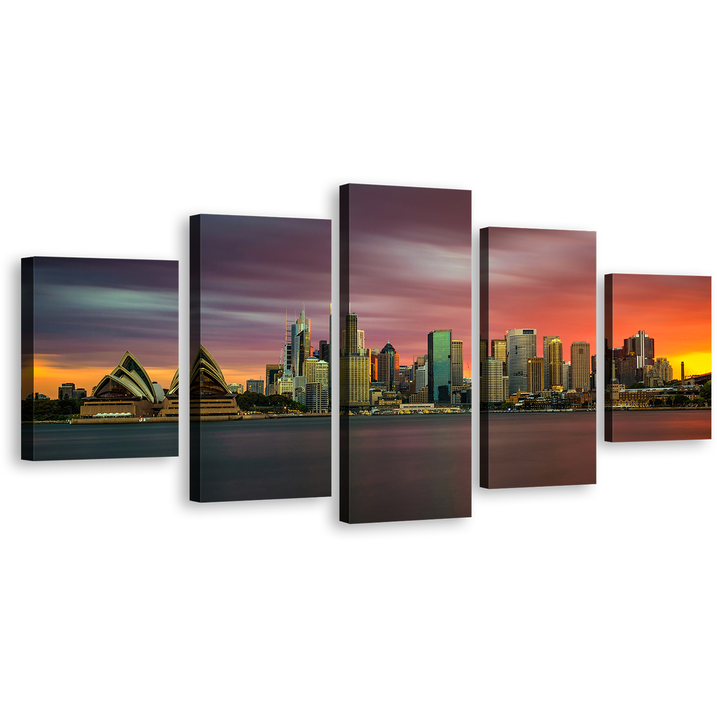 Beautiful Sydney Wall Art, Orange Sunset City Skyline 5 Piece Canvas, Australia Green Opera House Canvas Print