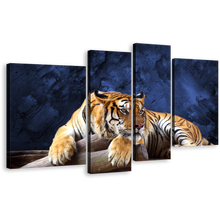 Load image into Gallery viewer, Beautiful Tiger Canvas Print, Resting Yellow Tiger Multi Canvas Artwork, Blue Background Animal Wildlife 4 Piece Canvas Wall Art
