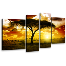 Load image into Gallery viewer, Beautiful Tree Canvas Print, Yellow Sunset Alone Tree 4 Piece Multi Canvas, African Cloudy Brown Sky Wall Art
