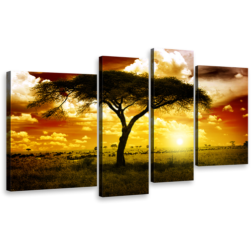 Beautiful Tree Canvas Print, Yellow Sunset Alone Tree 4 Piece Multi Canvas, African Cloudy Brown Sky Wall Art