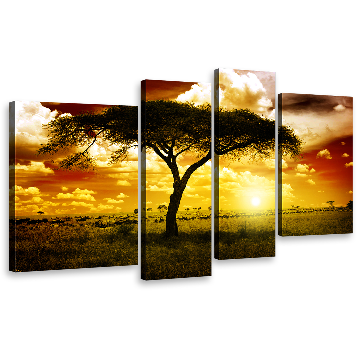 Beautiful Tree Canvas Print, Yellow Sunset Alone Tree 4 Piece Multi Canvas, African Cloudy Brown Sky Wall Art